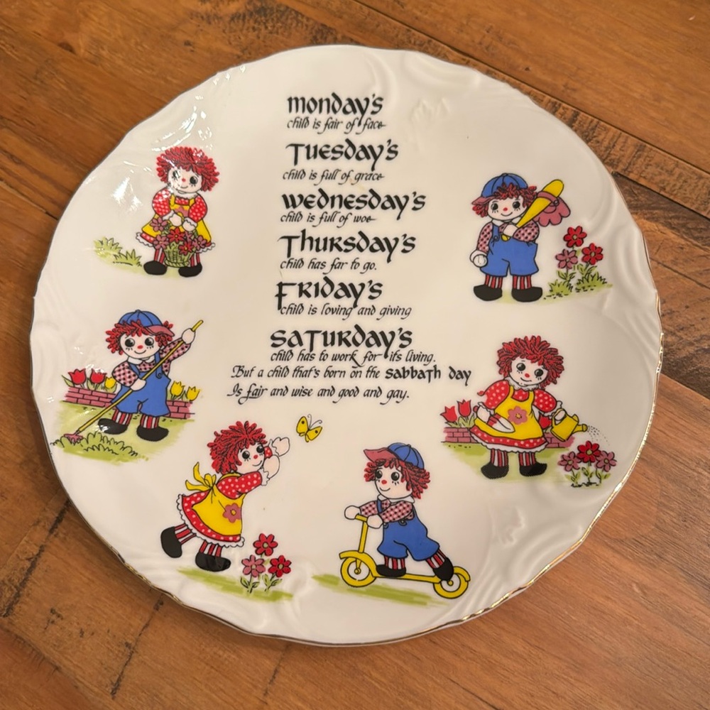Raggedy Ann and Andy Plate Monday’s Child Poem Nursery Decor Wall Hanger